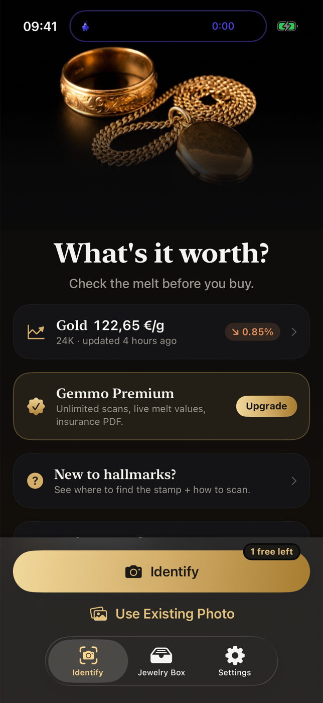 Gemmo showing a live gold spot price of 122,65 € per gram and the Identify button.